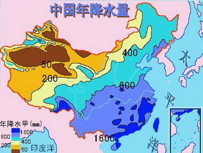 图2 中国降水量分布图(和图1对照,50mm降水量的地区大部分是流动